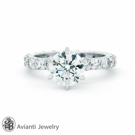 زفاف - Ring, Eternity Engagement Ring, Prong Set Round Diamond Ring, Eternity Diamond Semi-Mount, Platinum Diamond Engagement 