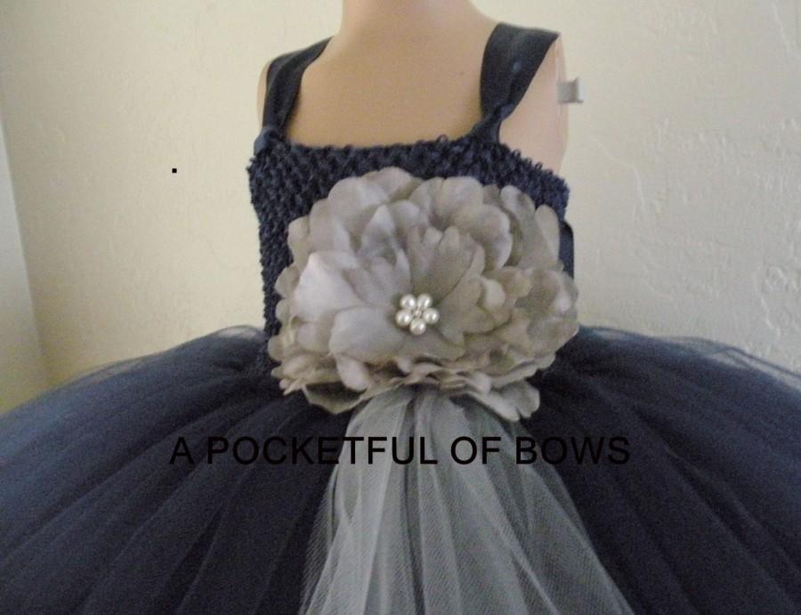 Mariage - Flower Girl Dress Navy and Silver, Navy and Gray Flower Girl Tutu Dress, Navy Tulle Dress