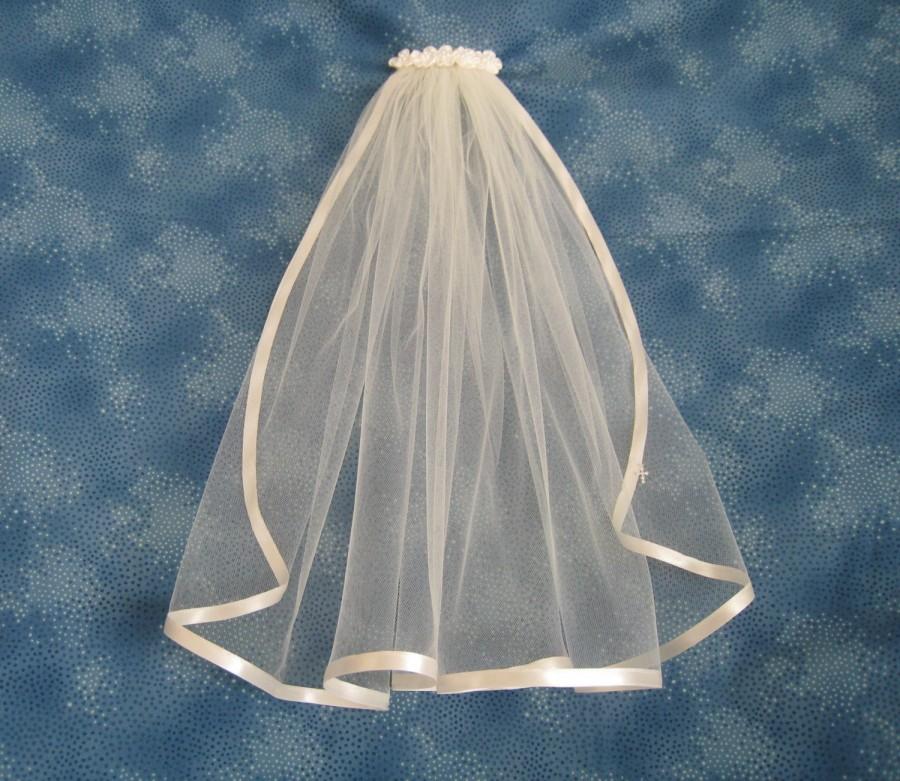 Hochzeit - Light Ivory First Communion Veil on Clip Barrette with Satin Flowers Ribbon Edge  20 Inches Long  First Eucharest 75662