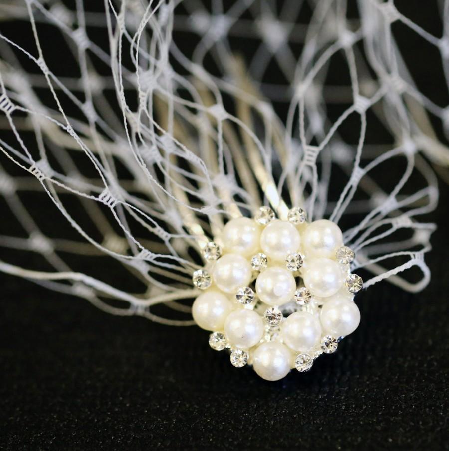 Wedding - Standard 9 inch Birdcage Veil, Ivory Color Bandeau Style Veil, Blusher, Pearl Rhinestone Hair Combs, Wedding Bridal Veil, Bride's Veil