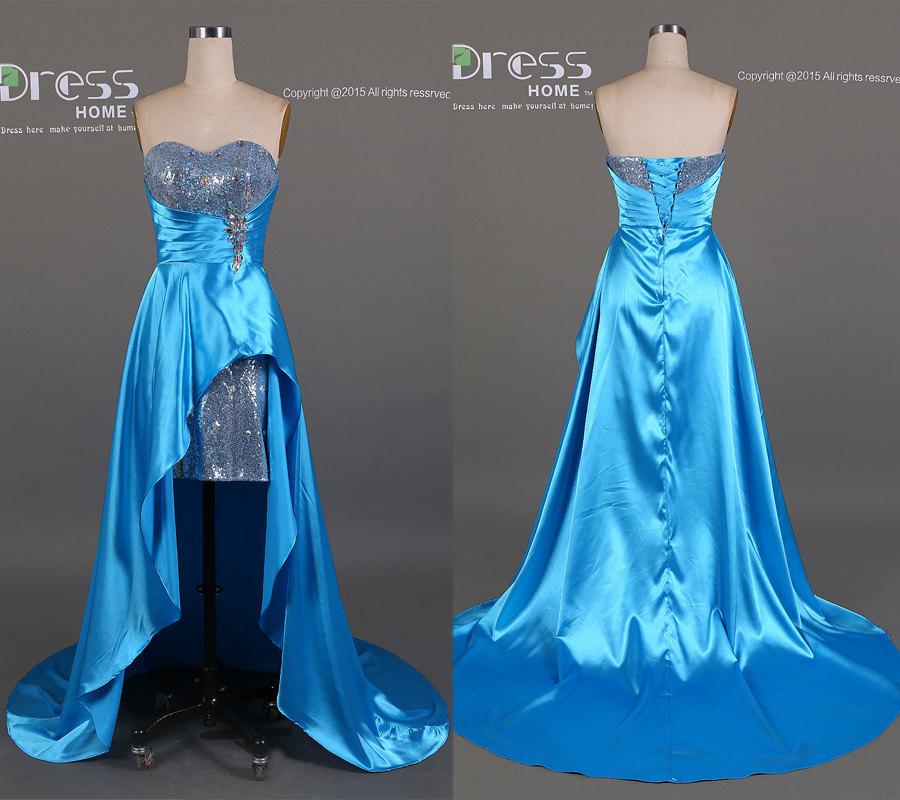 Wedding - Blue High Low Silver Beading Sweetheart Prom Dress/Sexy Luxury Satin Party Dress/Long Prom Dress/Homecoming Dress/Wedding Party Dress DH180