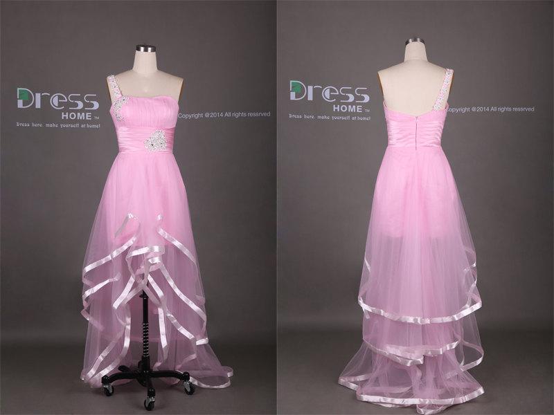 Hochzeit - Pink One Shoulder Beading High Low Prom Dress/Organza High Low Homecoming Dress/Wedding Party Dress/Bridesmaid Dress/Long Prom Dress DH326
