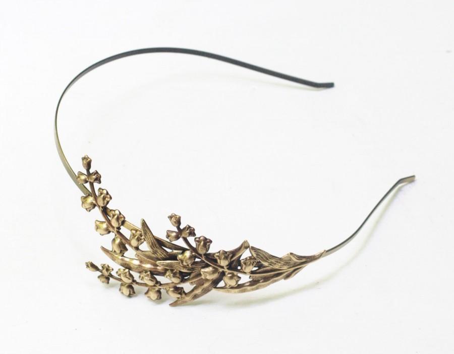 Mariage - Lily of the valley headband bridal brass leaves head piece neoclassical goddess wedding hair romantic floral bronze
