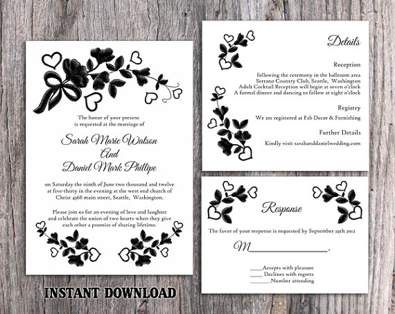Mariage - DIY Lace Wedding Invitation Template Set Editable Word File Download Printable Rustic Wedding Invitation Vintage Floral Black Invitation