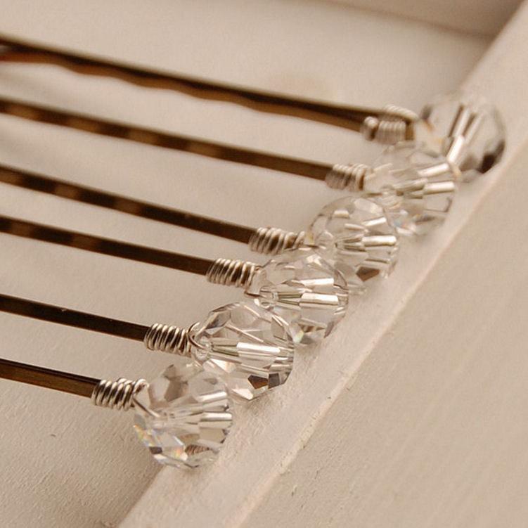 Hochzeit - Swarovski Clear Crystal Bobby Pins, Round Clear Crystals, 8 mm on Bronze Hair Pins, Set of 6, Clear Crystal Hair Pins, Bridal Hair Pins