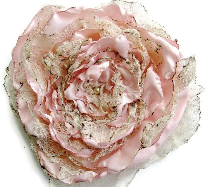 Свадьба - Pastel tea stained Pink Flower, Wedding accessory, Fascinator, Bridal Sash, Decor, Wall Decor, maternity sash, cottage decor
