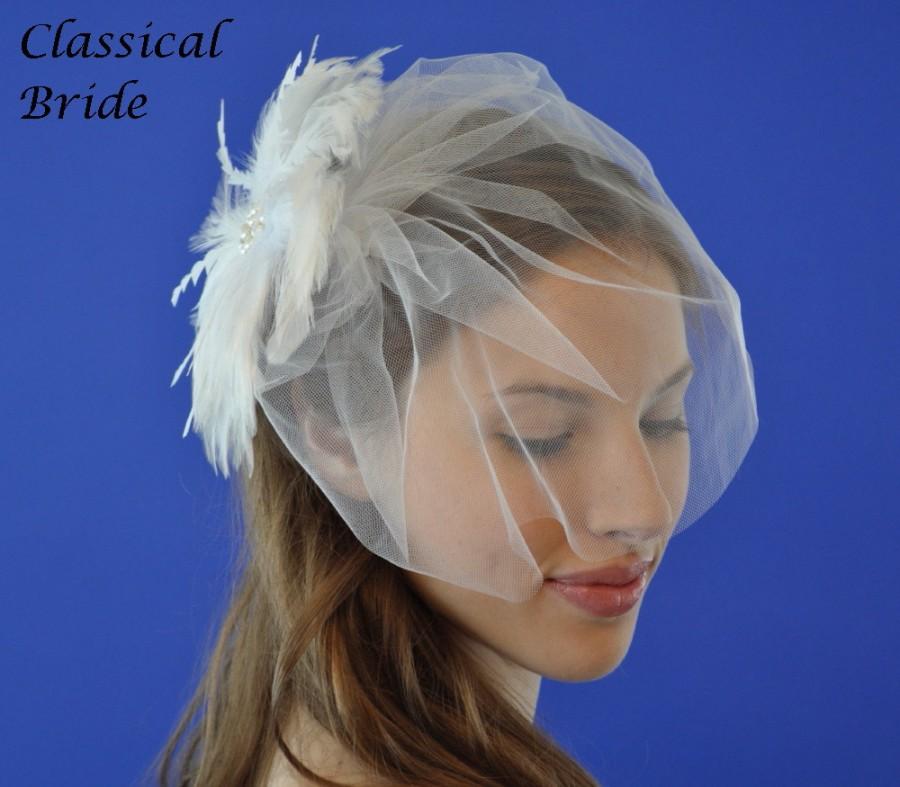 زفاف - 10 Inch Tulle 803 -- VEIL SET w/ PEARL and Feather Fascinator Hair Clip & Ivory or White Birdcage Blusher 10" Veil for bridal wedding