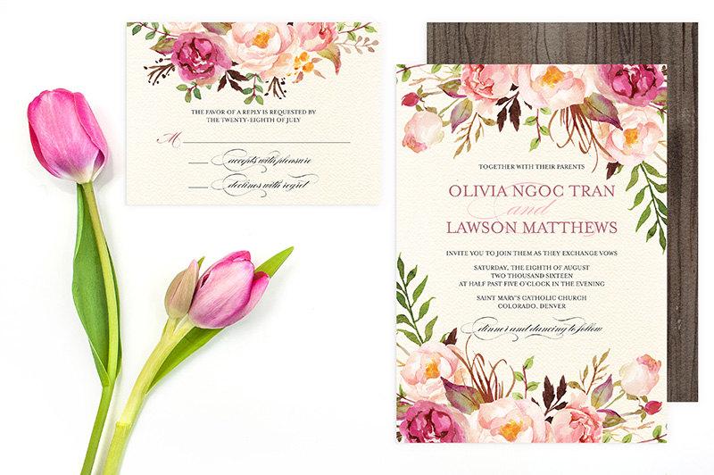 Pink floral wedding invitations