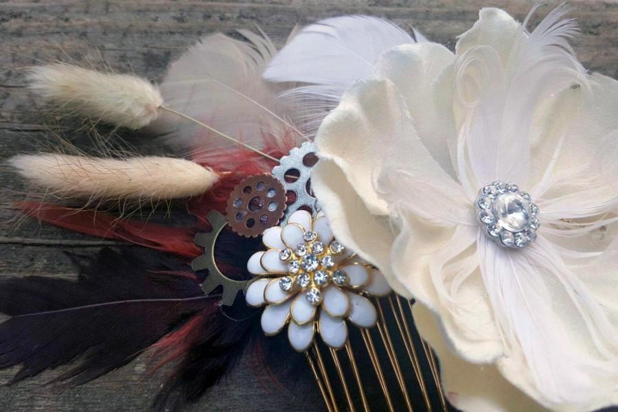 Wedding - Beautiful Fall Colored Rustic Steampunk Inspired Floral Bridal Hair Pin Hair Comb Wedding Accessory