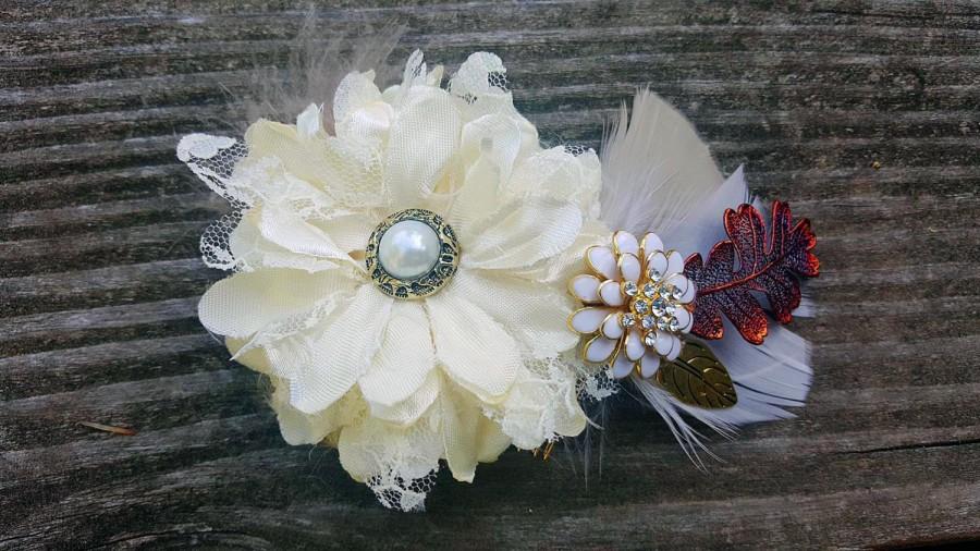 Wedding - Shabby Chic Silk and Lace Flower with Pearl Center Copper Oak Leaf White and Beige Feather Autumn Bridal Hair Clip Wedding Accessory