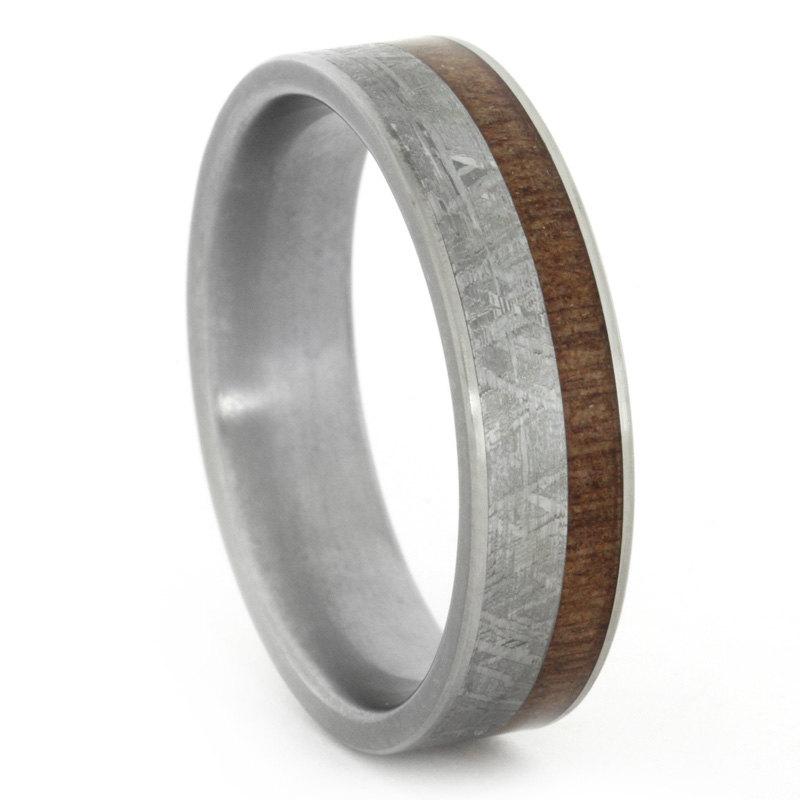 زفاف - Meteorite and Wood Ring with Titanium Sleeve and Accents; Wedding Band or Personalized Gift
