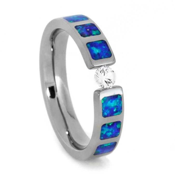 Hochzeit - White Sapphire Titanium Tension Set Ring Inlaid with Blue Green Opal, White Sapphire Engagement Ring
