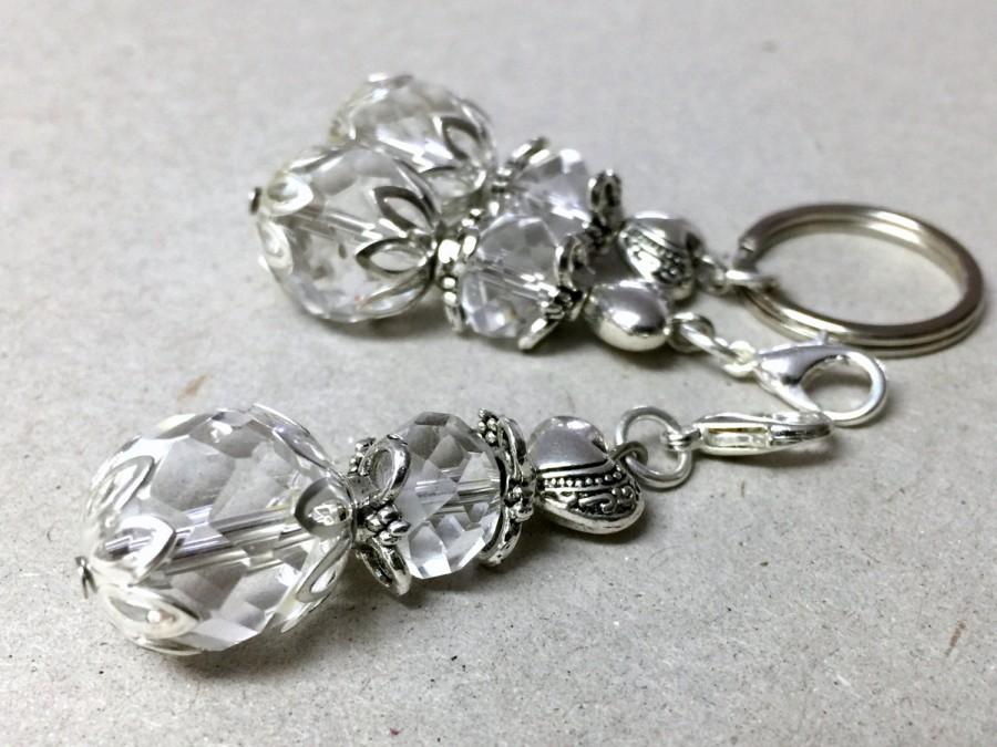 Wedding - Crystal Keychain,Small Keychain,Crystal Wedding Favors,Heart Favors,White party favors,Clip on charm,White bag charm,Beaded key chain