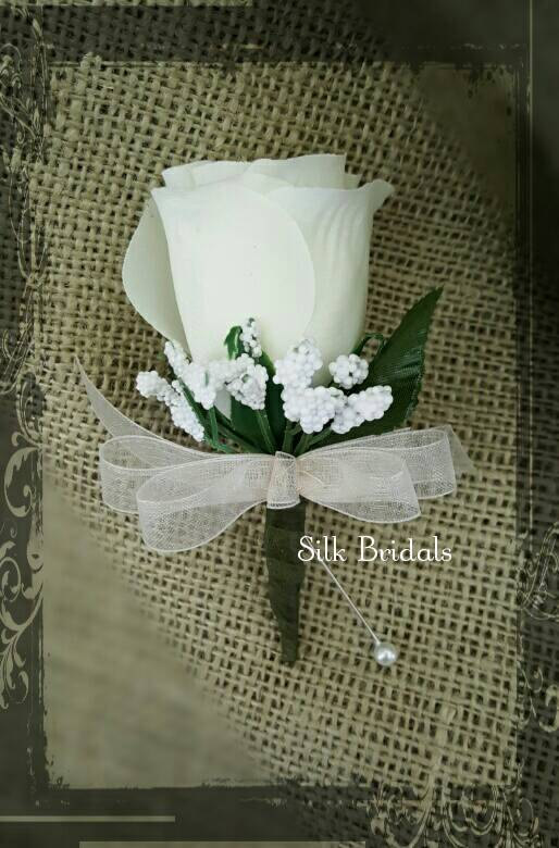 Mariage - Ivory cream Rose Boutonniere  Groom groomsman bridal silk wedding flowers