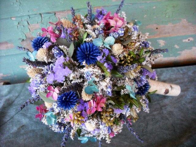 زفاف - Stunning dried flower Bride's bouquet with Birch handle. Converts into a topiary centerpiece for your head table