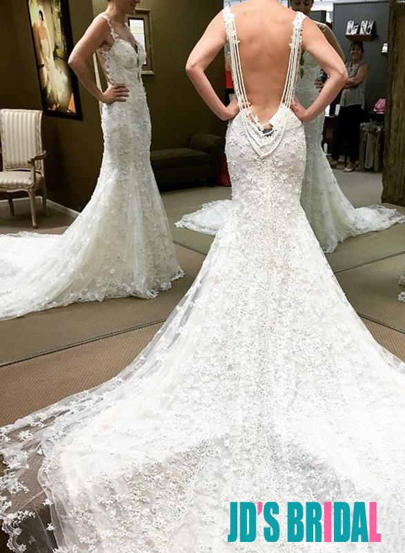 زفاف - H1677 Gorgeous lace strappy backless mermaid wedding dress