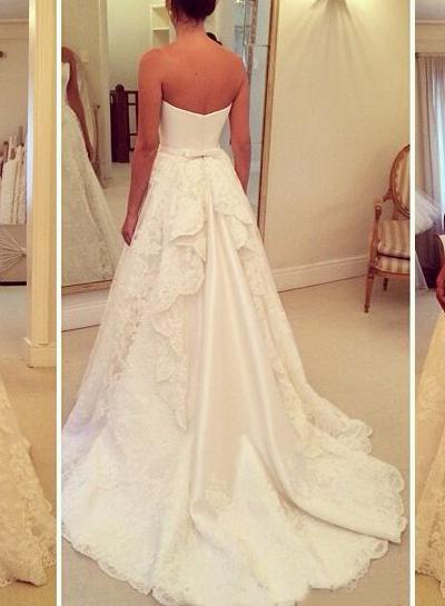 Wedding - H1679 Simple strapless satin bodice lace aline wedding dress 2016