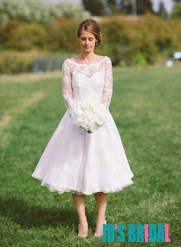 زفاف - H1683 Vintage inspired 1950s illusion lace long sleeved short wedding dress