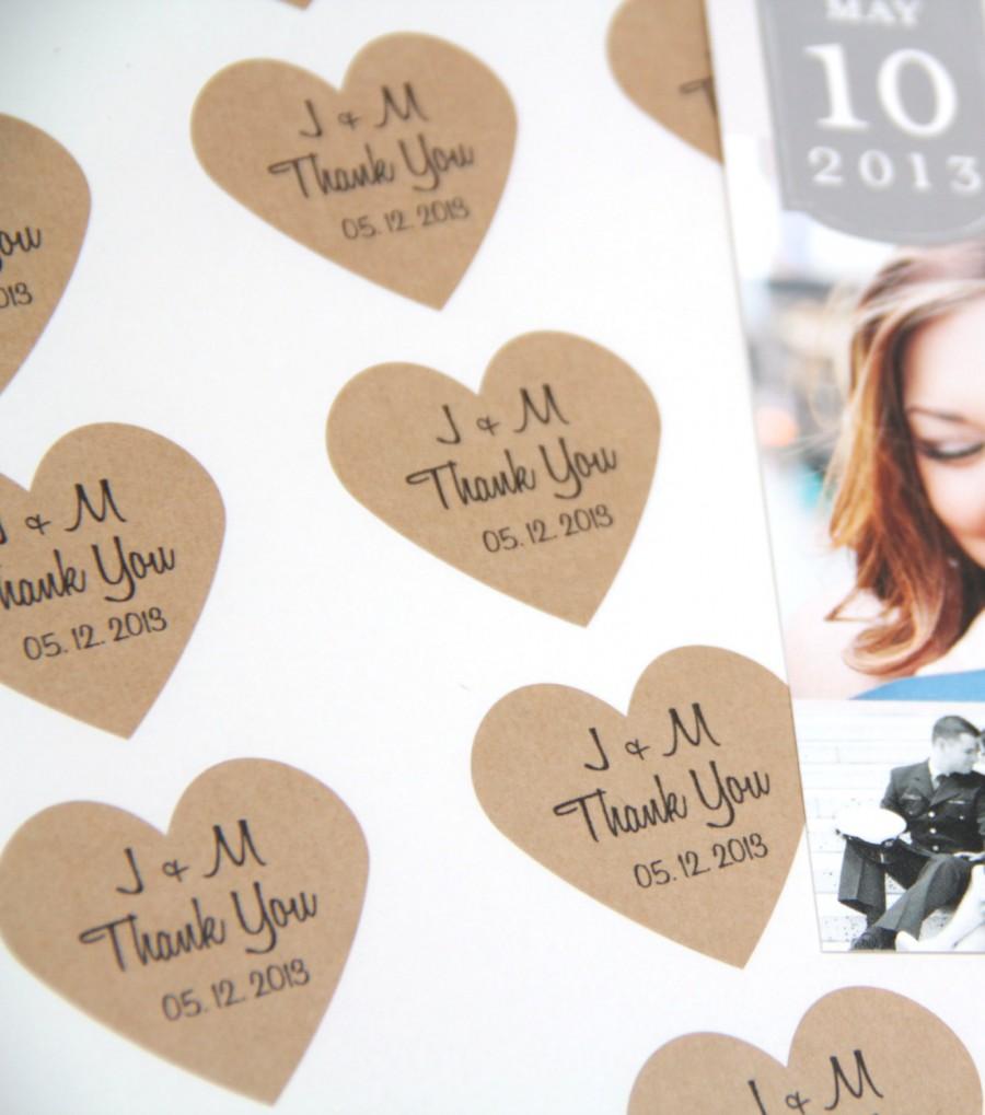 زفاف - Thank You Wedding Heart Stickers - Initials and Date - Wedding Favors / Thank You Cards