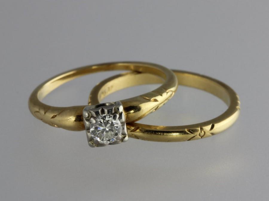 Свадьба - Vintage JABEL Round Brilliant Diamond and 14k Yellow Gold Engagement Ring and Wedding Band. Size 5.25. Appraisal Included!