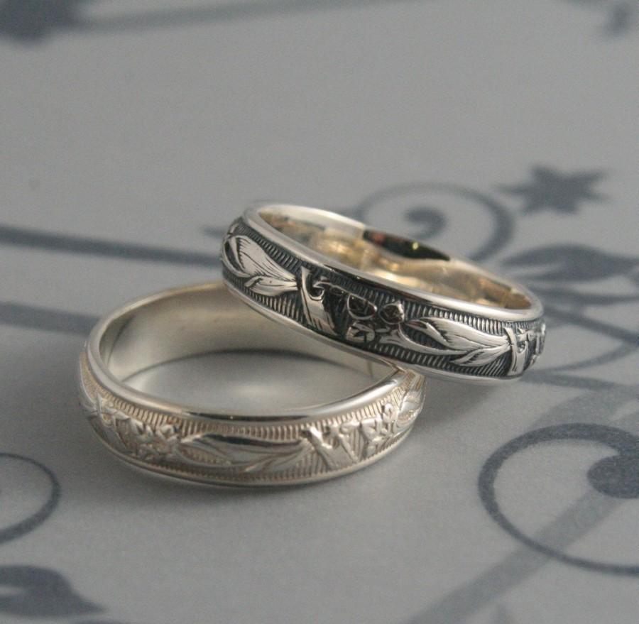 Wedding - Vintage Style Ring--Lily Nouveau Ring--Men's Wedding Band--Art Deco Ring--Solid Silver Band--Women's Wedding Ring-Patterned Ring-Floral Band