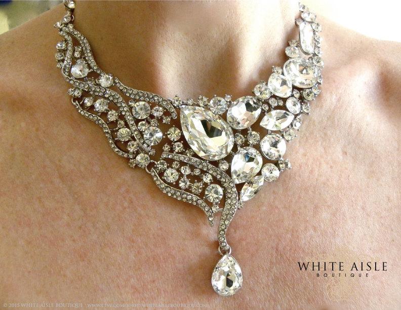 Hochzeit - Bridal Necklace Earrings, Wedding Jewelry Set, Rhinestone Statement Necklace, Crystal Bridal Necklace and Earrings