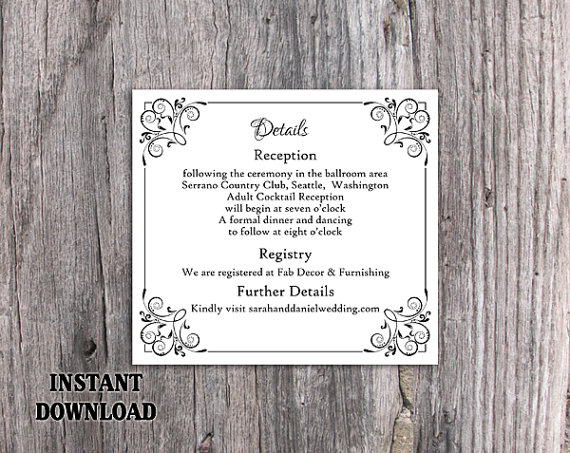 Wedding - DIY Wedding Details Card Template Editable Text Word File Download Printable Details Card Black Details Card Elegant Information Cards