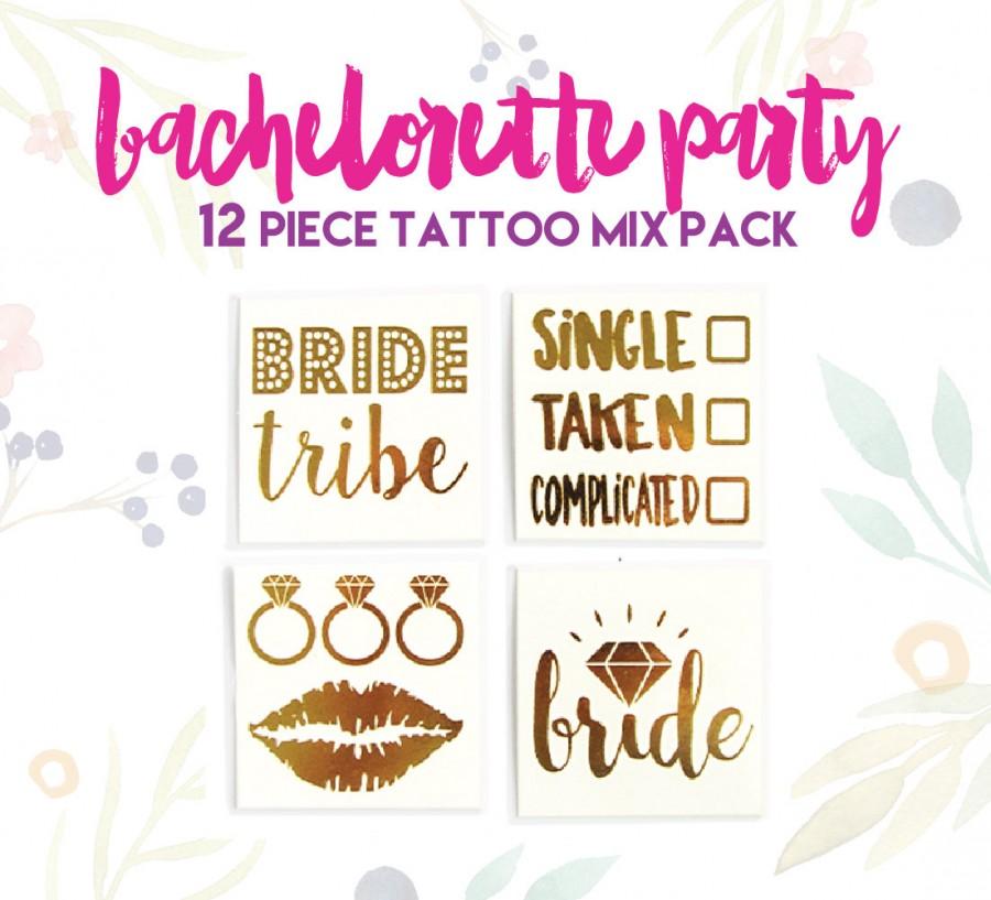 Hochzeit - Set of 12 "BRIDE TRIBE" bachelorette party mix pack metallic gold foil temporary tattoo // set of gold tattoos // hens party set