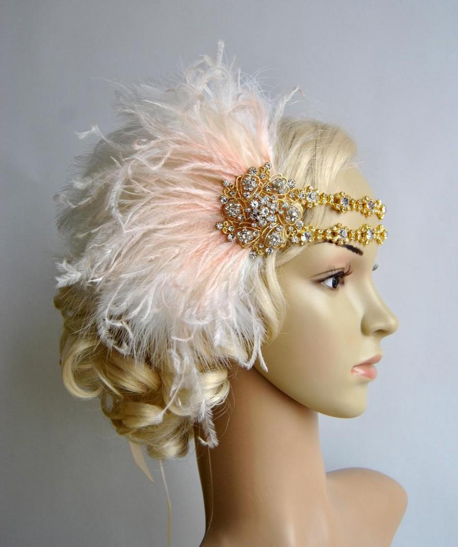 Wedding - Ready to ship Gold luxury Crystal Rhinestone Headband Headpiece 1920s flapper gatsby Headband, Wedding Headband, rhinestone feather Headband
