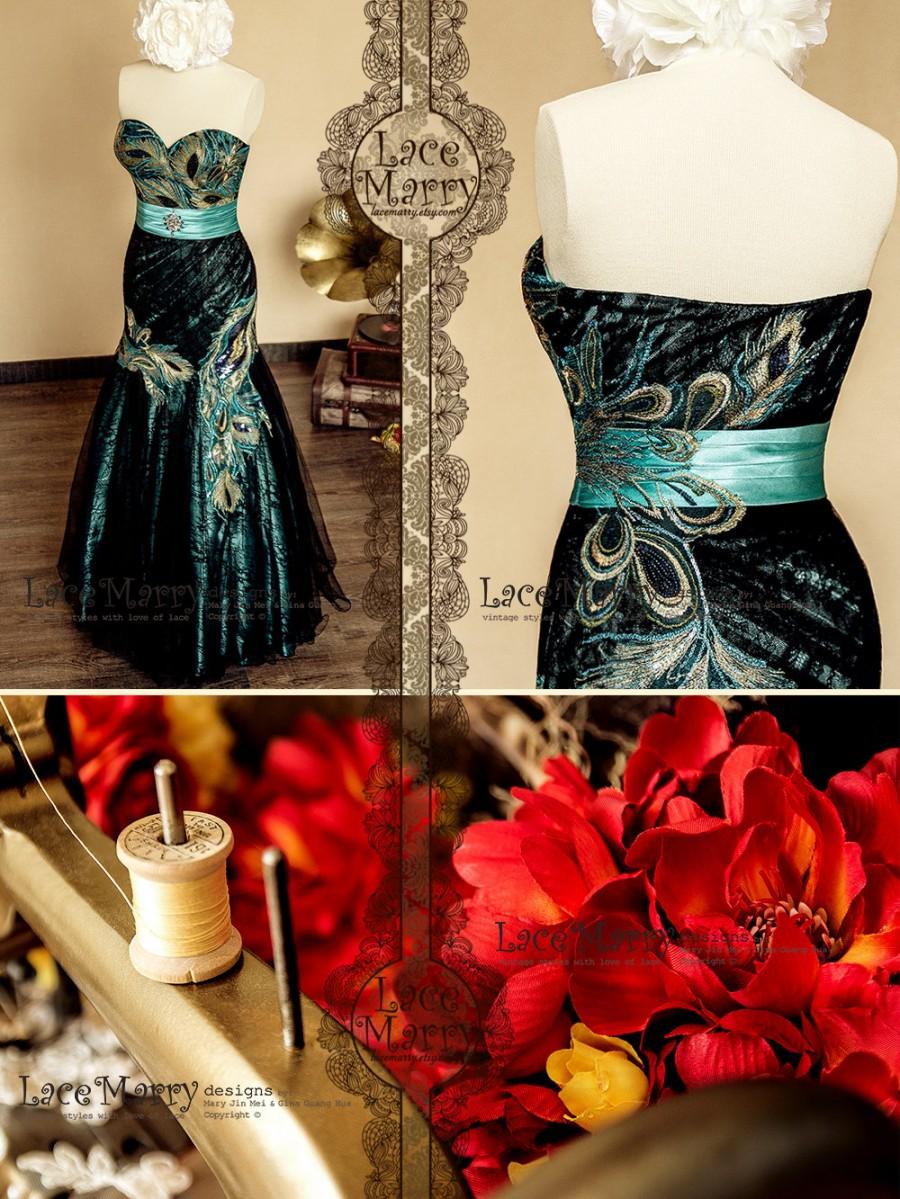 Wedding - Fit & Flare Evening Dress from Black Lace and Teal Satin with Strapless Sweetheart Neckline featuring Peacock Embroidery and Brooch on Sash