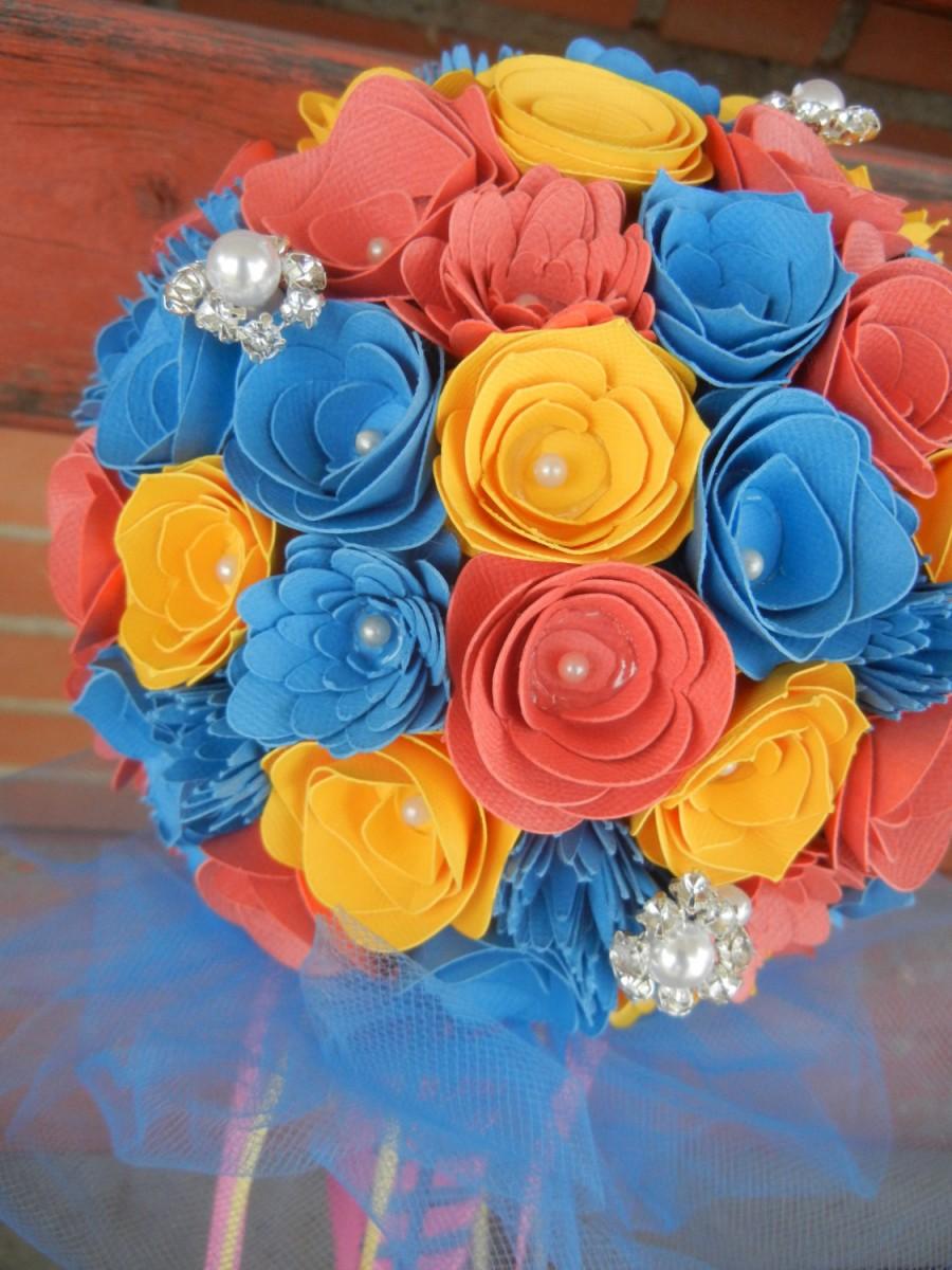 Mariage - Large Handmade Paper Wedding Bouquet Salmon, Cornflower Blue, and Yellow Bride or Bridesmaids Bouquet FREE Boutonniere