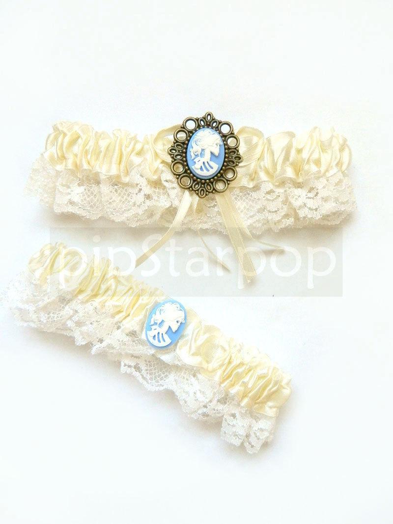Свадьба - Antique IVORY Garter Set with toss away garter - Gothic Death Maiden Baby Blue Cameo - Neo Victorian Gothic accessories