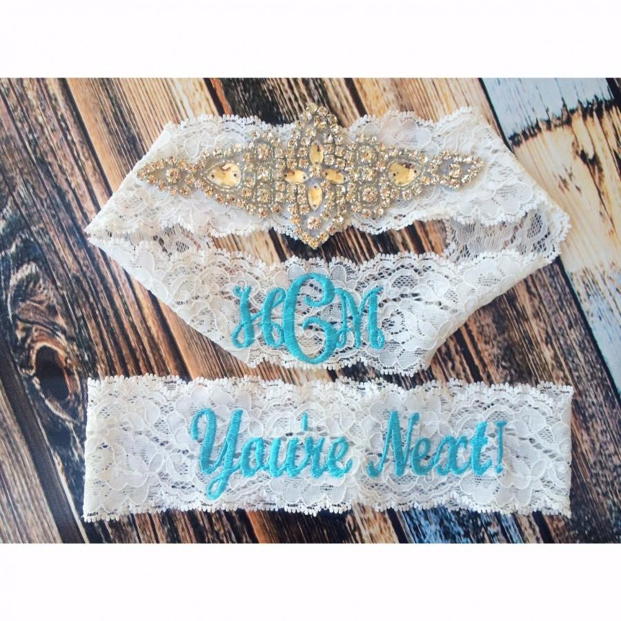 Mariage - Vintage Inspired and You're Next GARTER Set / Vintage inspired / Something Blue / initials garter / lace garter / toss garter / Lace garter