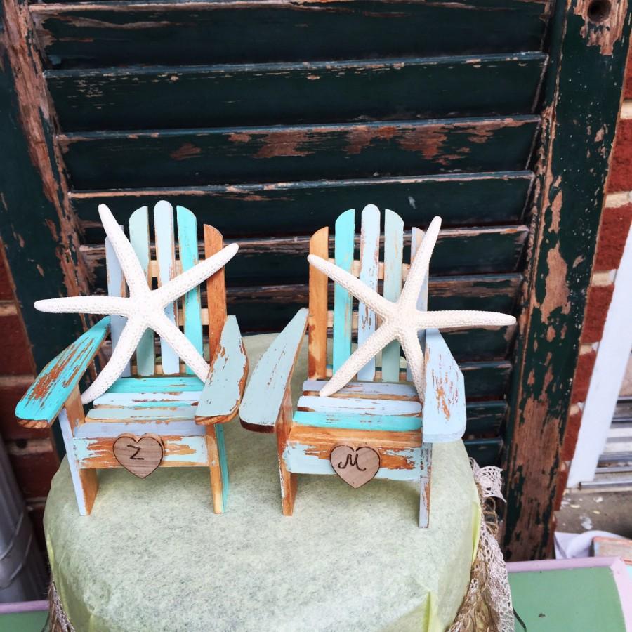 Wedding - Ombre Beach wedding Cake Topper with starfish Adirondack Chairs Cake Topper personalized initials Set of two chairs something blue mint