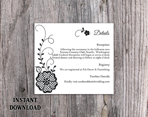 Hochzeit - DIY Lace Wedding Details Card Template Editable Word File Download Printable Vintage Floral Details Card Black Rustic Enclosure Card