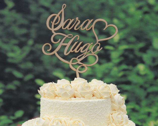 Hochzeit - Wedding Cake Topper Monogram Linden Wood Cake Topper Design Personalized with YOUR First Names 048