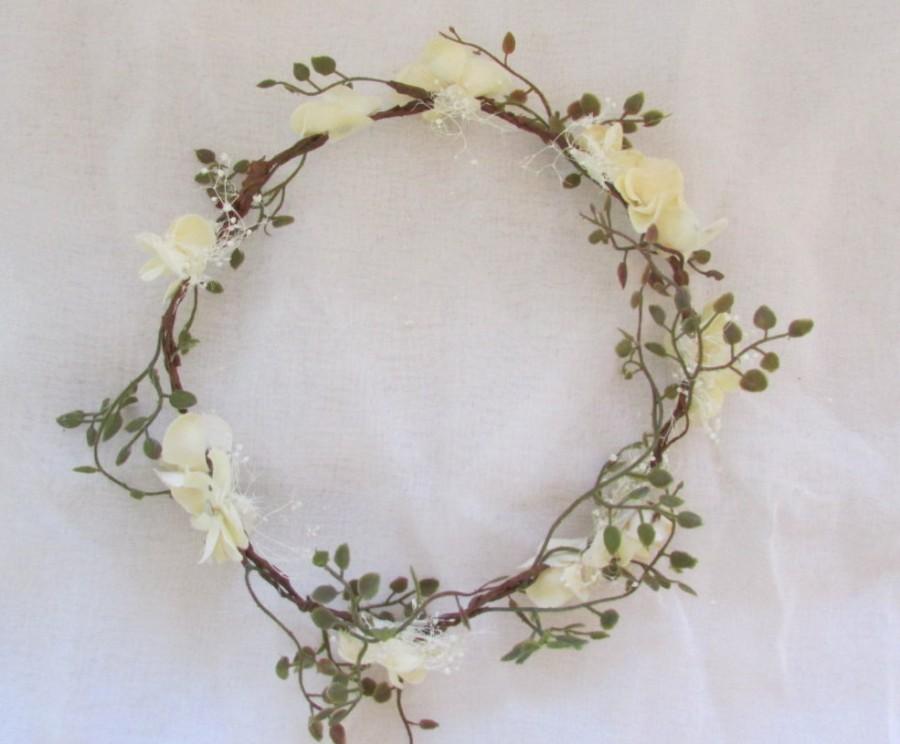 Mariage - Romantic Flower Crown Ivory Rose Hair Wreath Baby's Breath Circlet Floral Wedding Headpiece Bridal Hair Accessory Maternity Photo Prop
