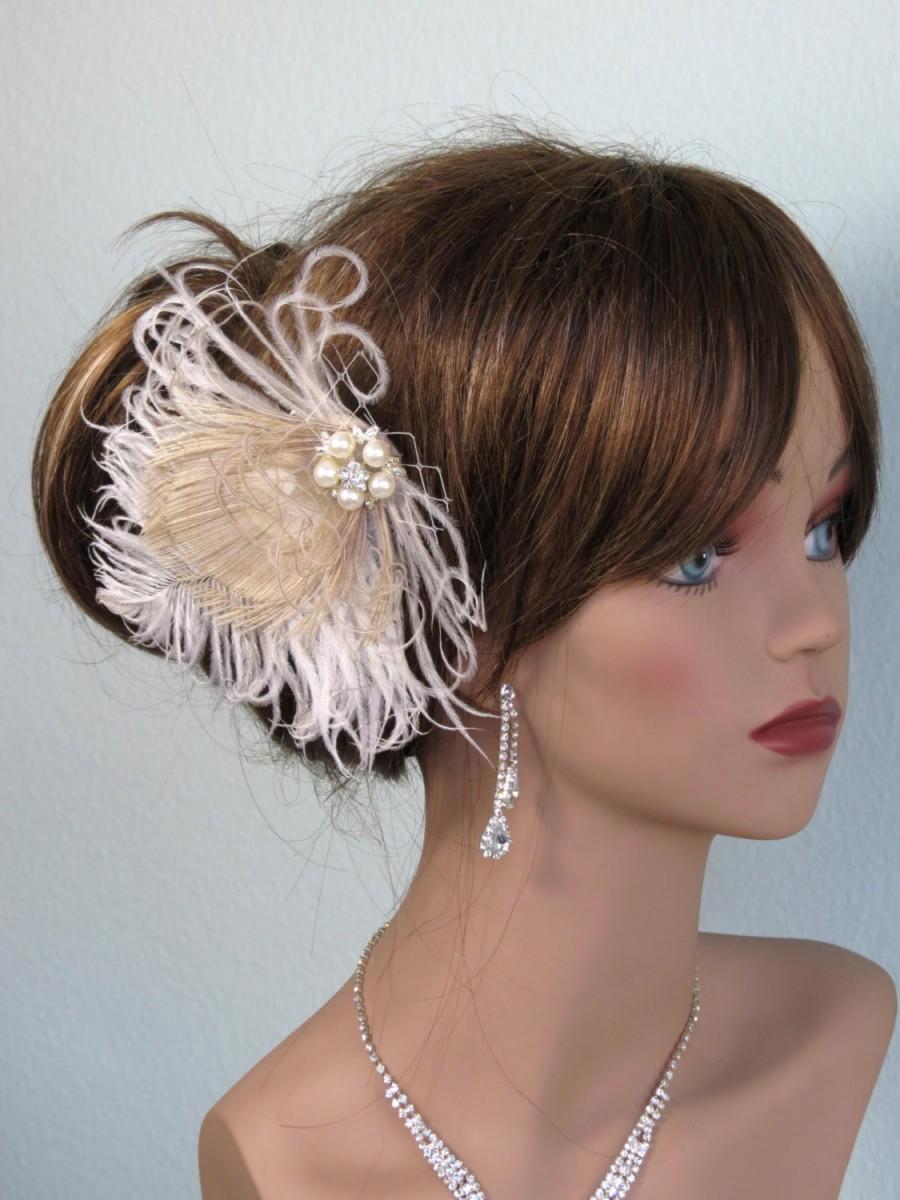 Свадьба - Champagne Wedding Hair Clip   Fascinator  Wedding Accessory Peacock Feathers Ostrish Feathers