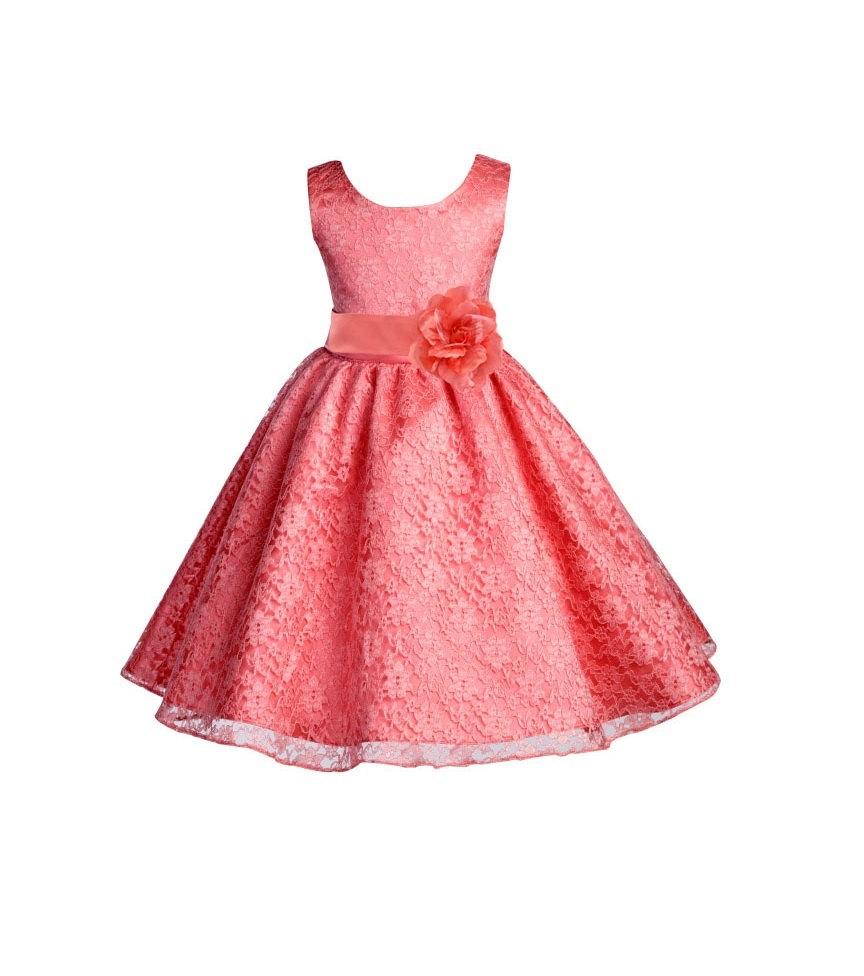 Mariage - Wedding Floral Lace Overlay coral flower girl dress toddler baby special occasions bridesmaid toddler size 6-9m 12-18m 2 4 6 8 10 12 