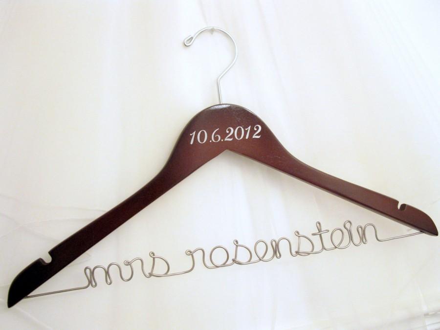 Wedding - SALE - Custom Wedding Hanger with Date and Wire Phrase - Walnut - Suspended Moments
