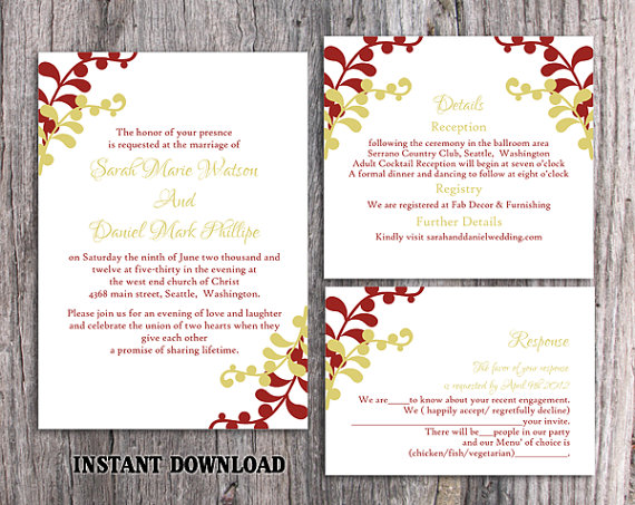 Mariage - DIY Wedding Invitation Template Set Editable Word File Instant Download Printable Invitation Green Wedding Invitation Elegant Red Invitation