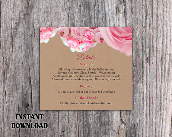 Hochzeit - DIY Rustic Wedding Details Card Template Editable Word File Download Printable Boho Details Card Peonies Details Card Burlap Enclosure Card