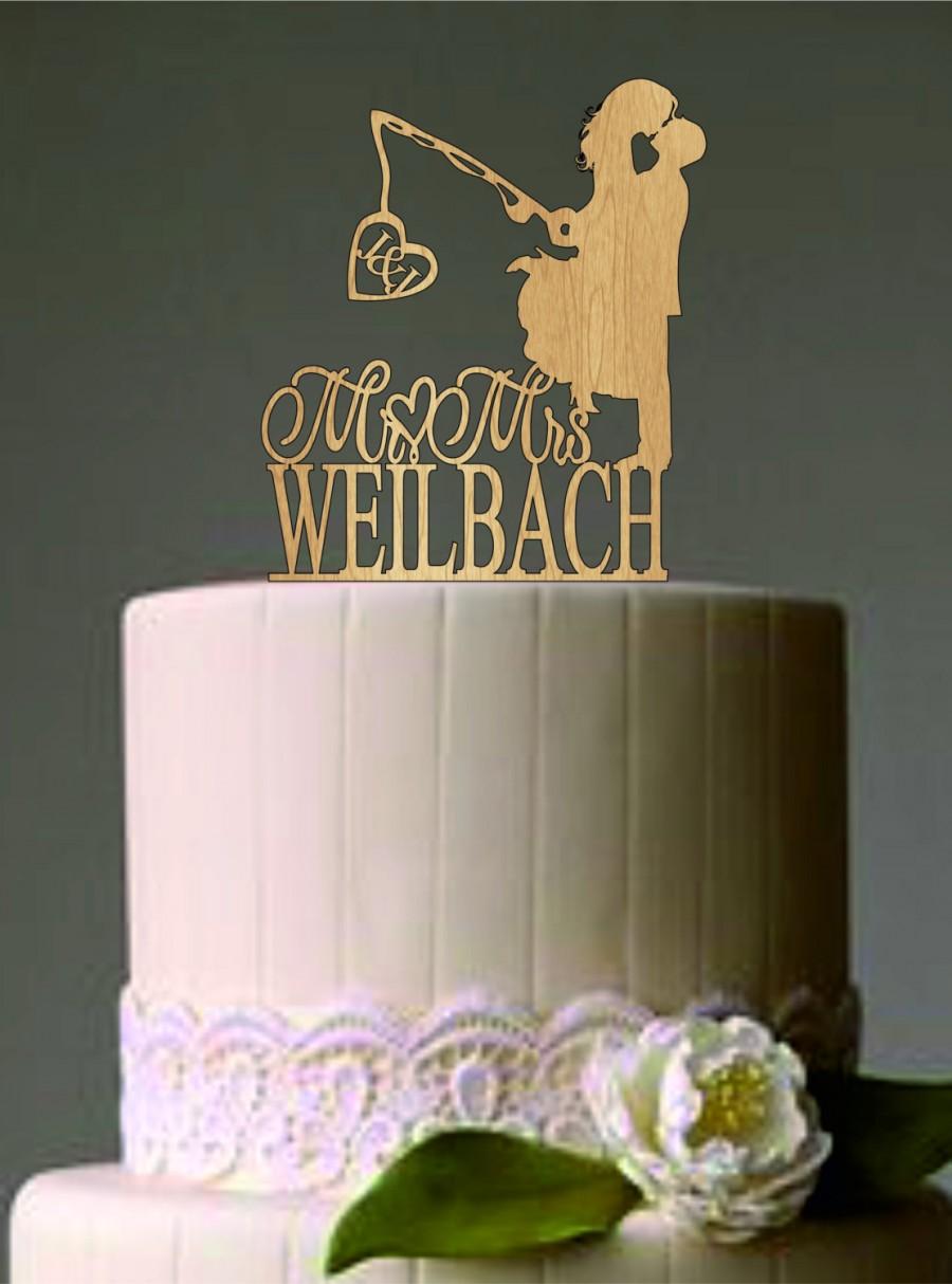 زفاف - Funny Cake Topper,Custom Personalized Wedding Cake Topper,Hooked on Love 2 with personalized Initials + Mr & Mrs last name,Unique Wedding