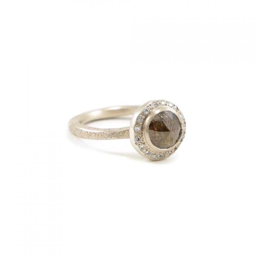زفاف - Women's Engagement 14K Champagne Gold Rustic Natural Brown Diamond Ring with Diamond Halo