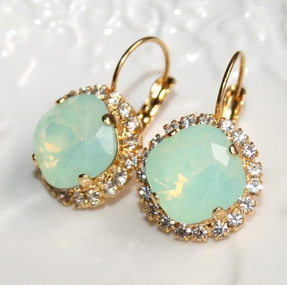 زفاف - Mint Opal Earrings,Mint Green Earrings,Rhinestone Swarovski Earrings,Seafoam Earrings,Chrysolite Opal Bridal Earrings,Boucles d'oreilles