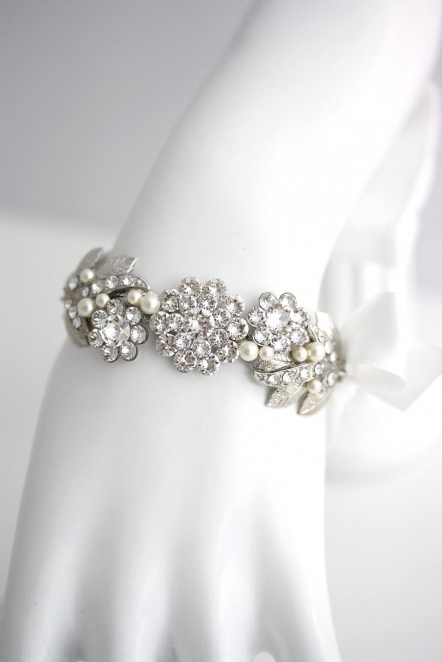 Hochzeit - Wedding Bracelet Ribbon Bracelet Silver Leaf Bracelet Swarovski Crystal Rhinestone and Pearl Bridal Cuff White or Ivory Pearl MIER RIBBON