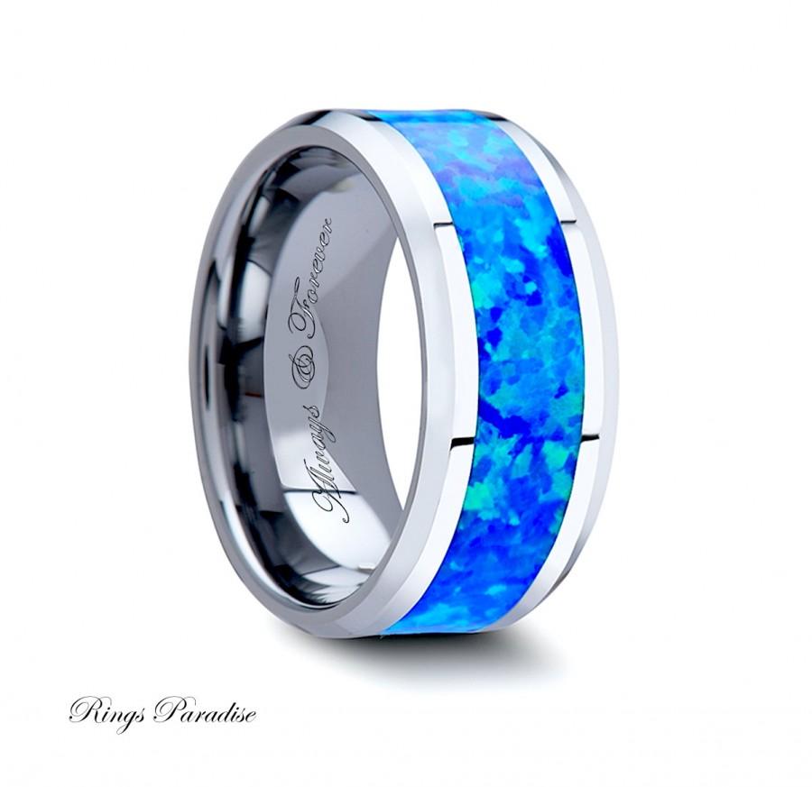 زفاف - 4mm-10mm Personalized Promise Rings,Tungsten Carbide Ring with Blue Green Opal Inlay, His Hers Tungsten Band, Engagement Ring, Promise Rings