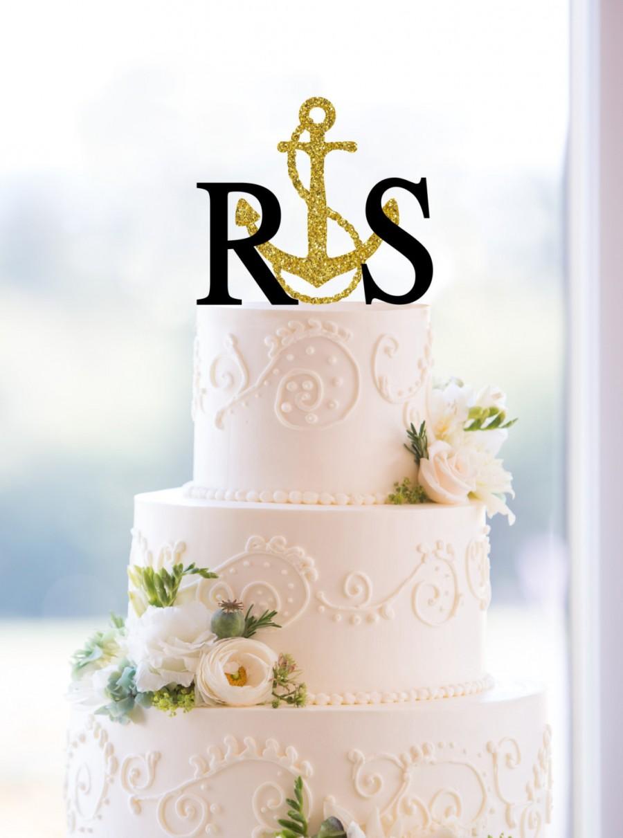 Wedding - Monogram Wedding Cake Topper – Custom 2 Initials Topper with Anchor Available in a Variety of Color Options - (S076)