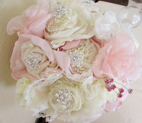 Hochzeit - Ivory and blush ribbon roses and satin flowers bouquet can be made as a custom order for you.