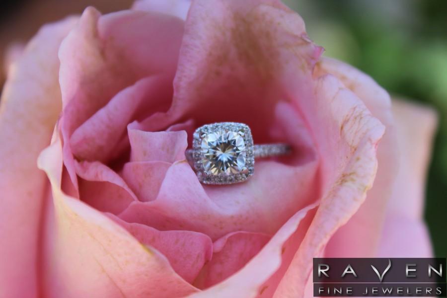 Wedding - Raven Fine Jewelers - 1 Carat Cushion Forever One Moissanite & Diamond Halo Engagement Ring - Engagement Rings for Women